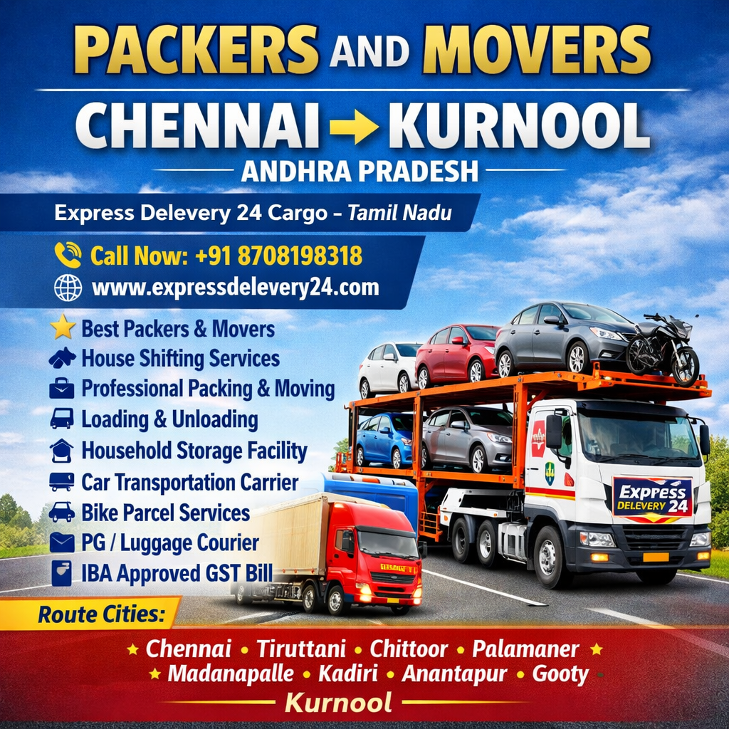PACKERS AND MOVERS CHENNAI TO KURNOOL - Car Bike Luggage Transport Parcel 
