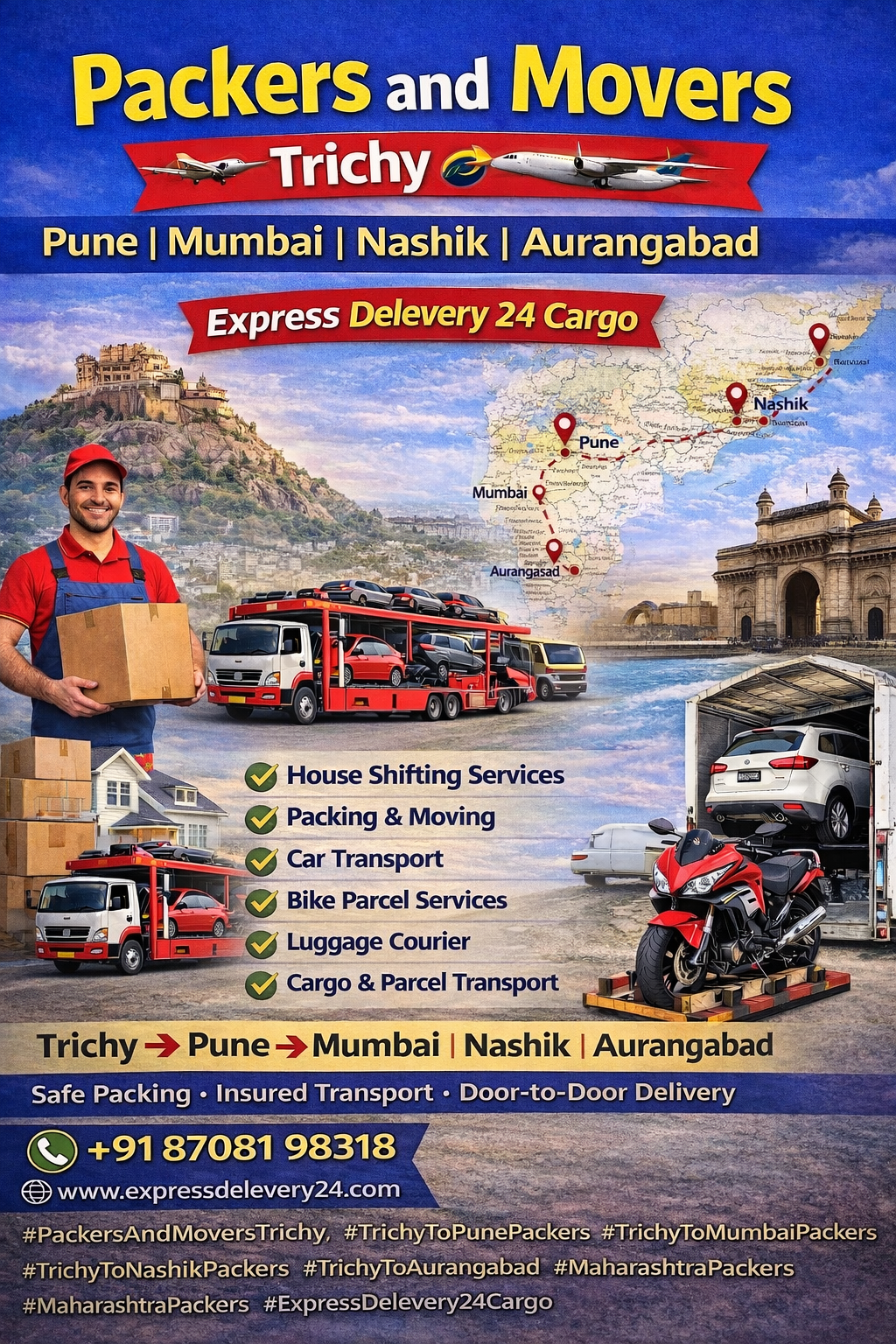 Packers and Movers Trichy to Pune Mumbai Nashik Aurangabad | Express Delevery 24 Cargo