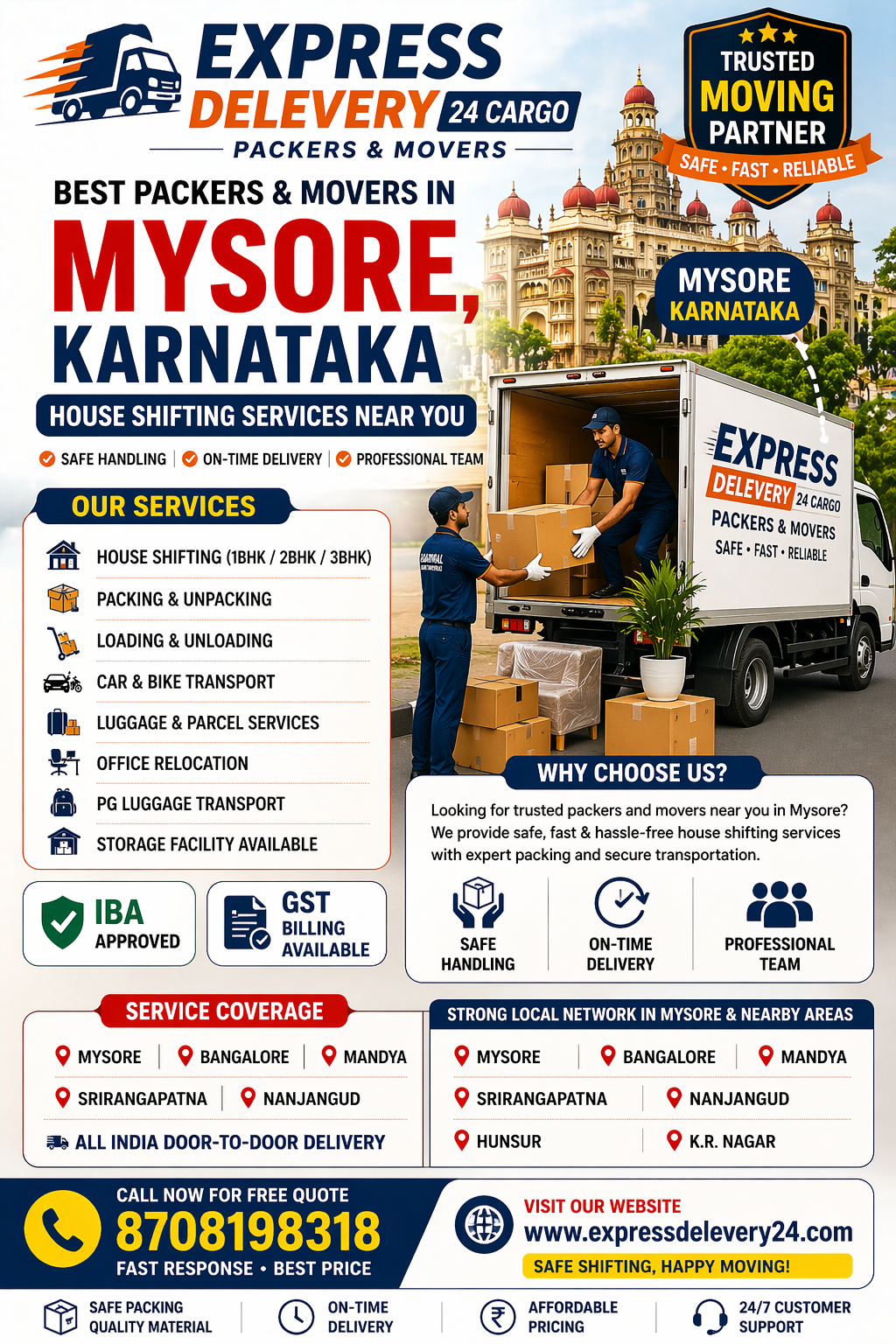 Best Packers and Movers in Mysore (Mysuru), 8708198318 Karnataka | House Shifting Services Near Me – Chennai Express Delevery 24 Cargo
