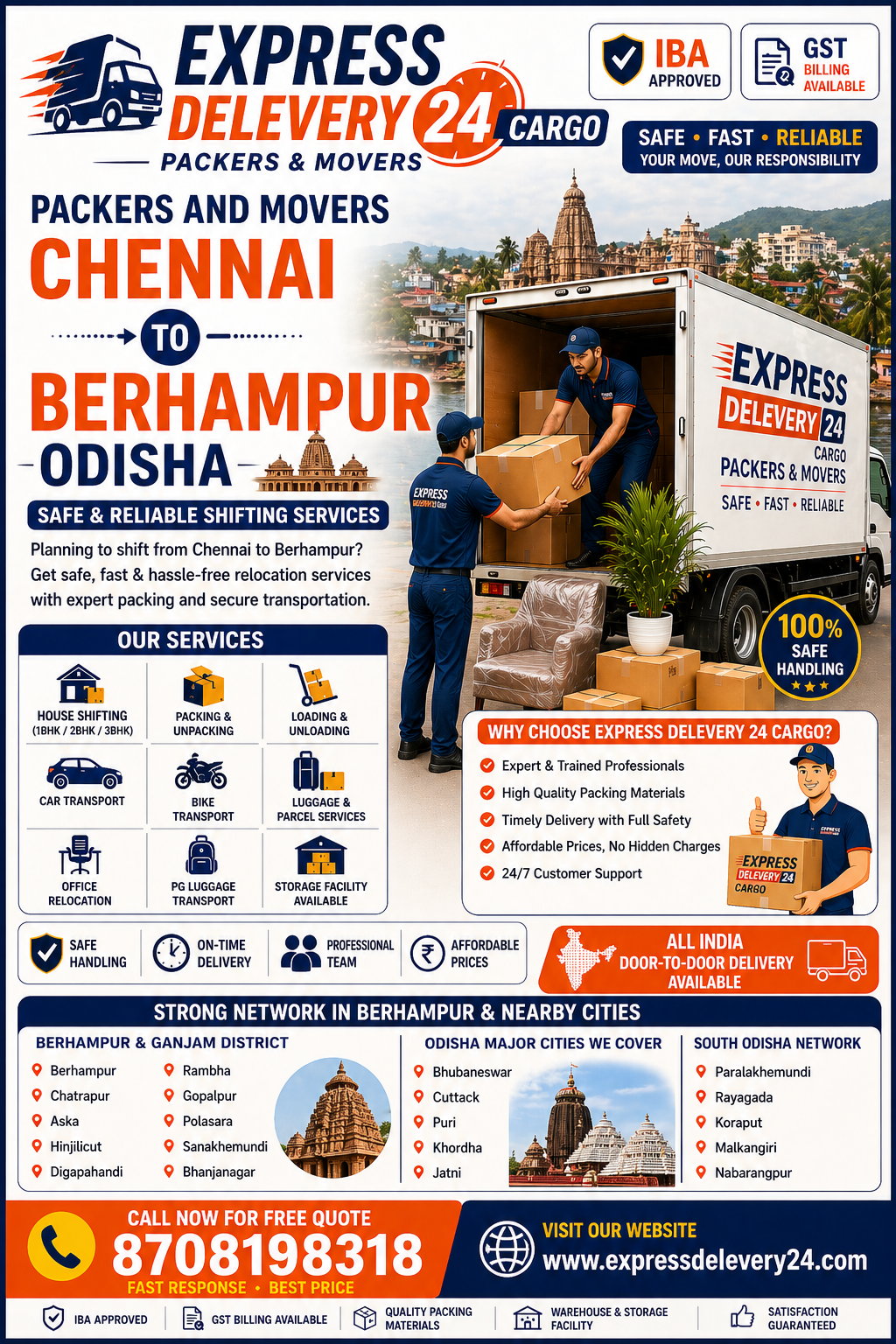 Best Packers and Movers Chennai to Berhampur, 8708198318 Odisha | House Shifting & Transport Services – Express Delevery 24 Cargo