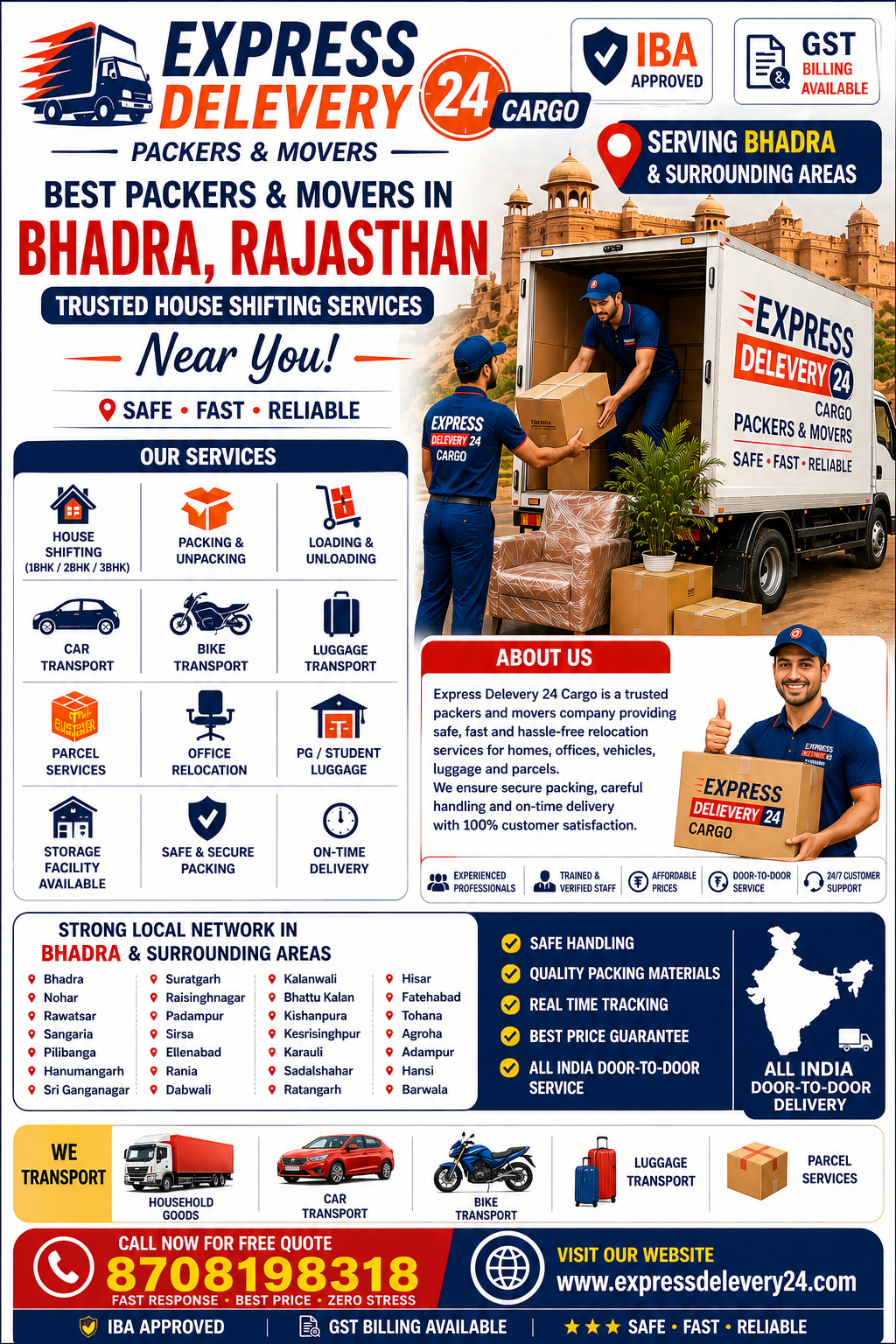 Best Packers and Movers in Bhadra, 8708198318 Rajasthan | House Shifting & Transport Services Near Me