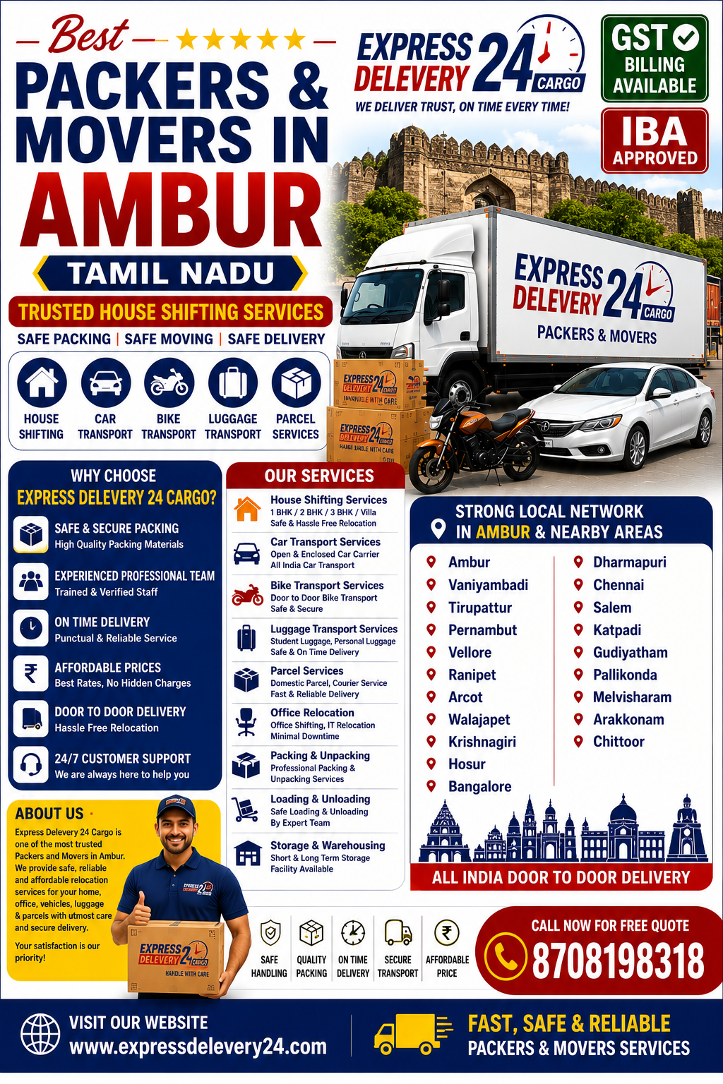 Packers and Movers in Ambur, 8708198318 Tamil Nadu | House Shifting, Car Bike Transport | Express Delevery 24 Cargo