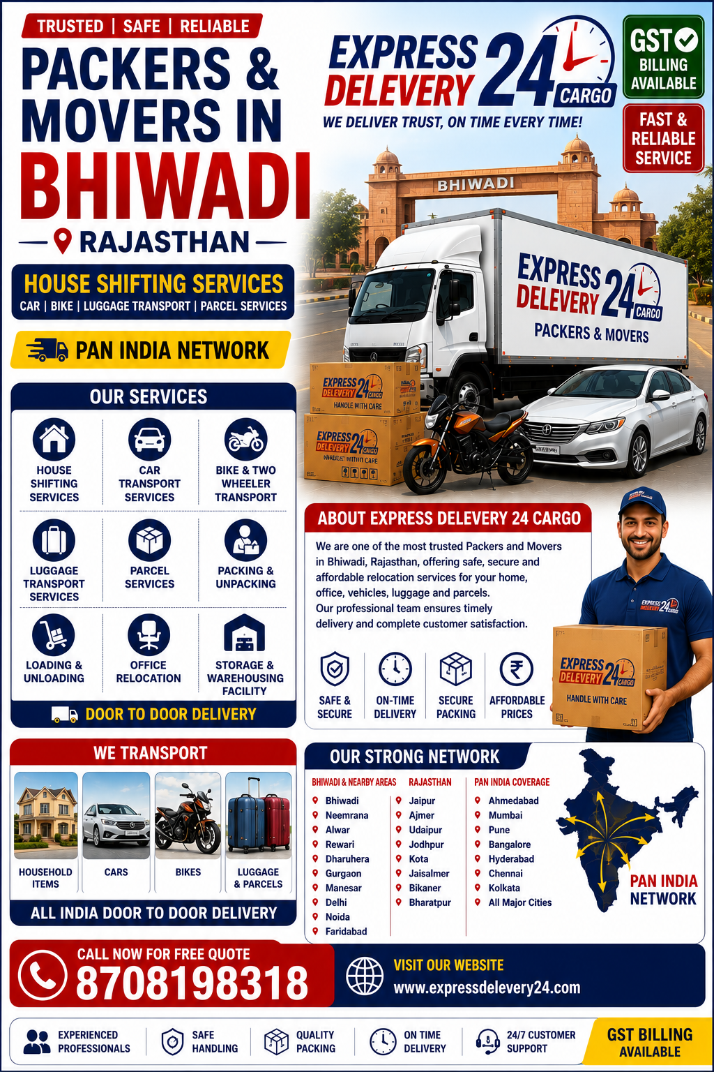 Packers and Movers in Bhiwadi, 8708198318 Rajasthan | House Shifting, Car Bike Transport | Express Delevery 24 Cargo