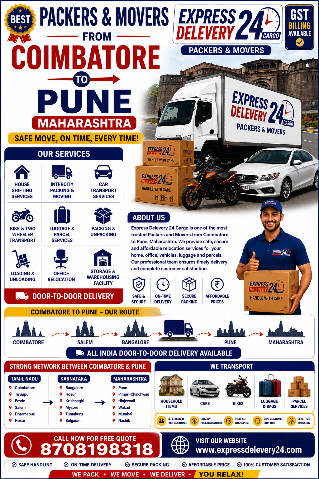 Packers and Movers Coimbatore to Pune, 8708198318 Maharashtra | House Shifting & Transport Services at Reliable Price