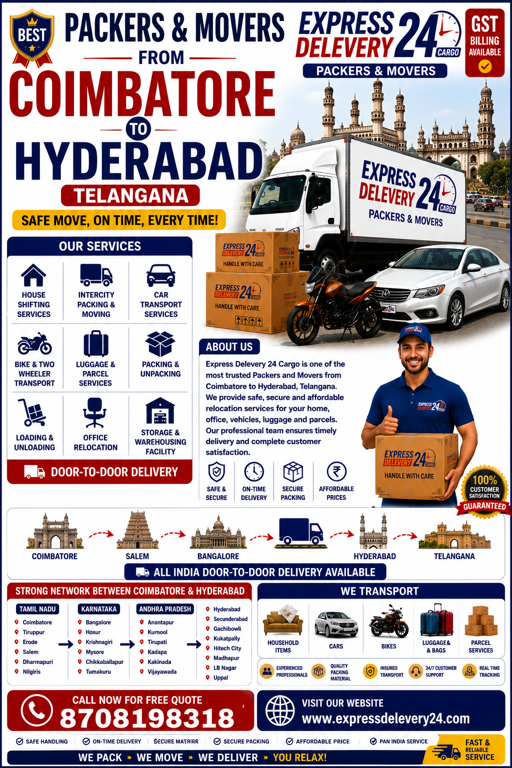 Packers and Movers Coimbatore to Hyderabad | House Shifting, Car Bike & Luggage Transport Services