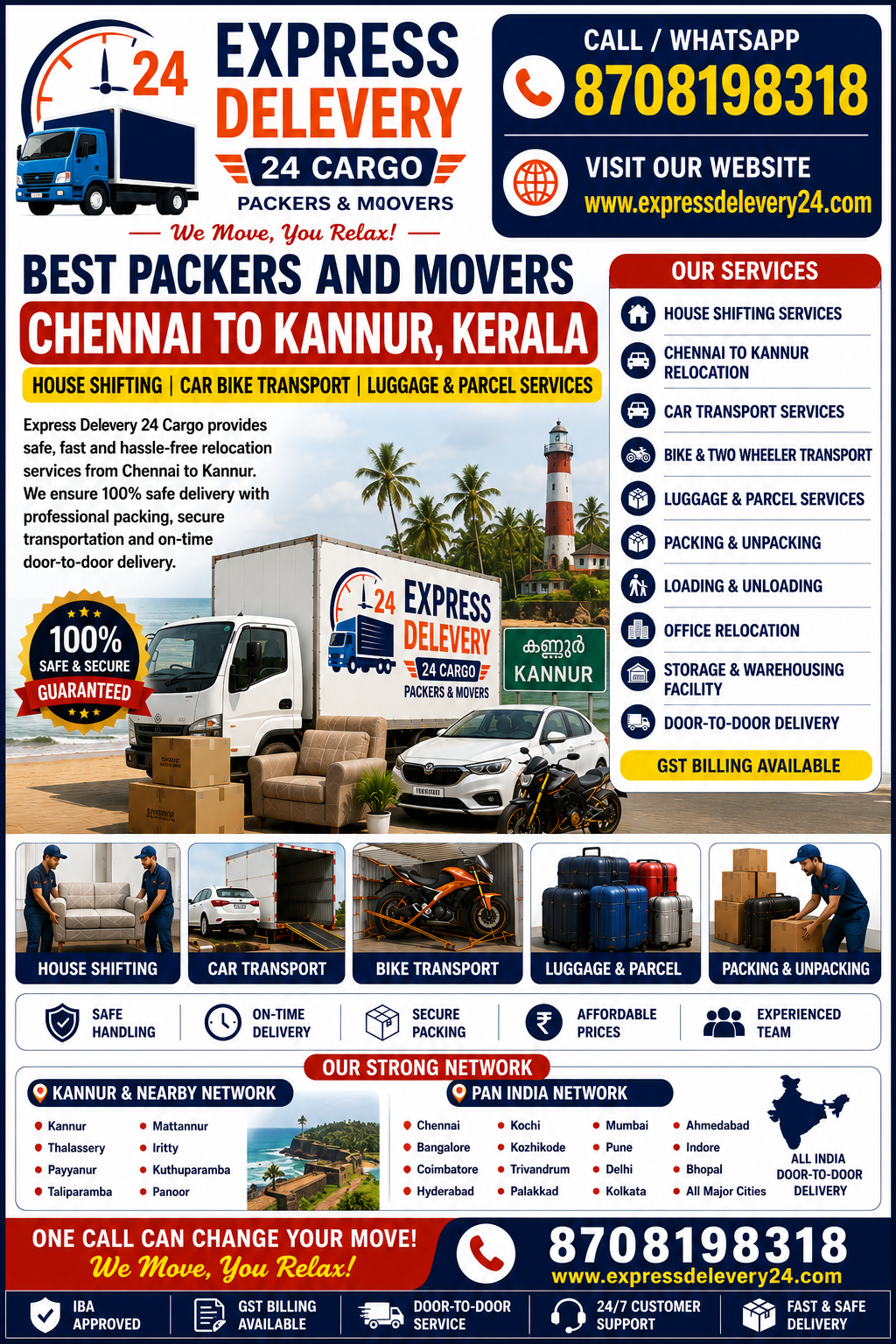 Best Packers and Movers Chennai To Kannur, 8708198318 Kerala | House Shifting Services – Express Delevery 24 Cargo