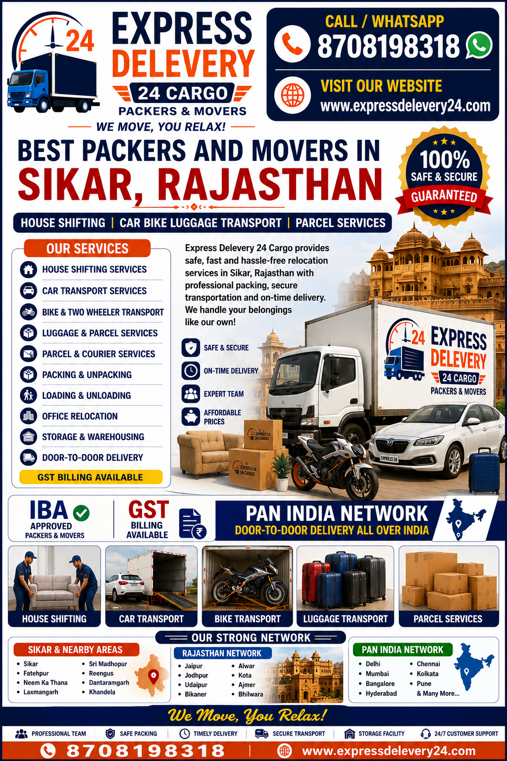 Best Packers and Movers in Sikar, 8708198318 Rajasthan | House Shifting Services Near Me – Express Delevery 24 Cargo