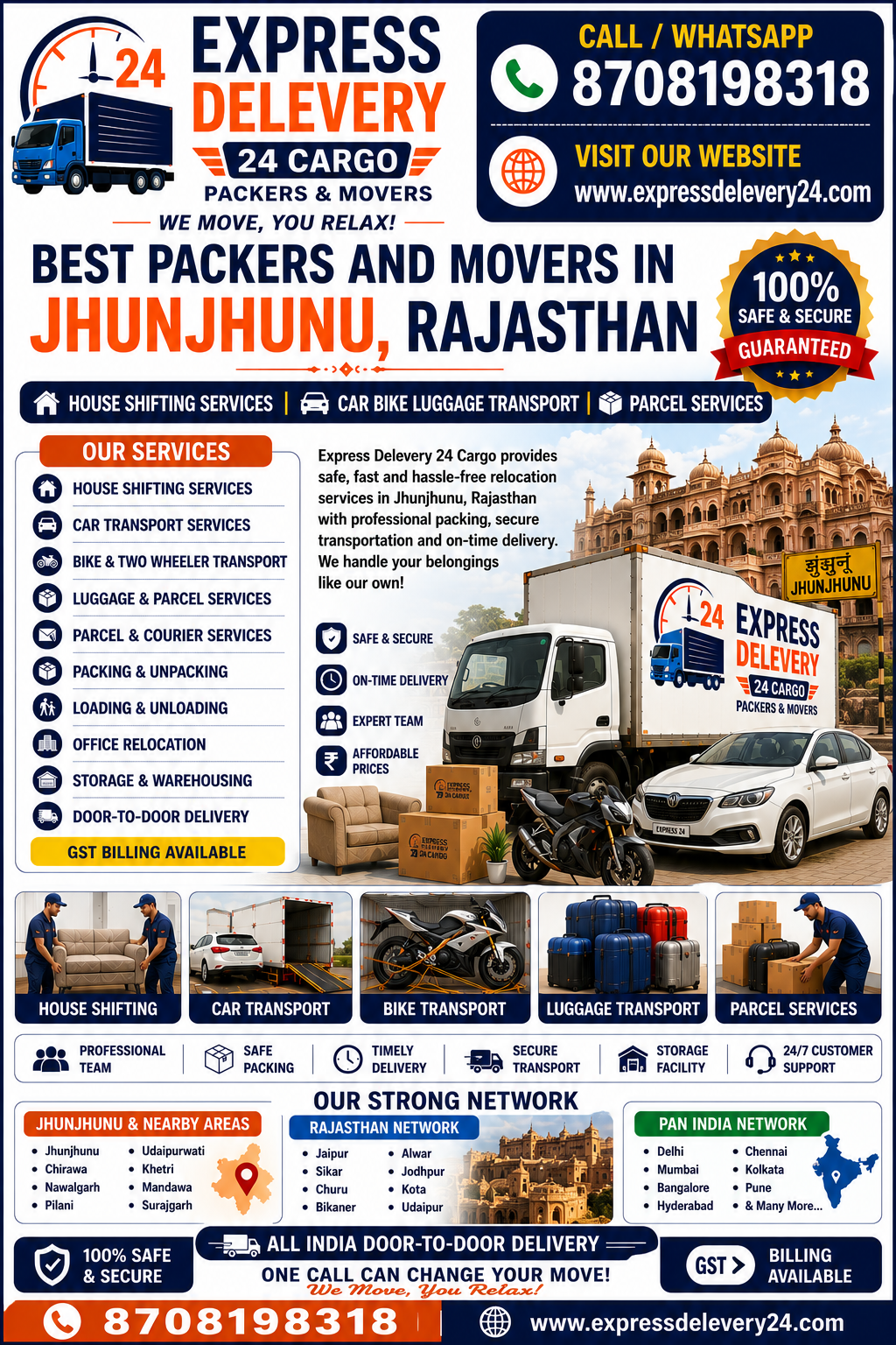 Best Packers and Movers in Jhunjhunu, 8708198318 Rajasthan | House Shifting Services Near Me – Express Delevery 24 Cargo
