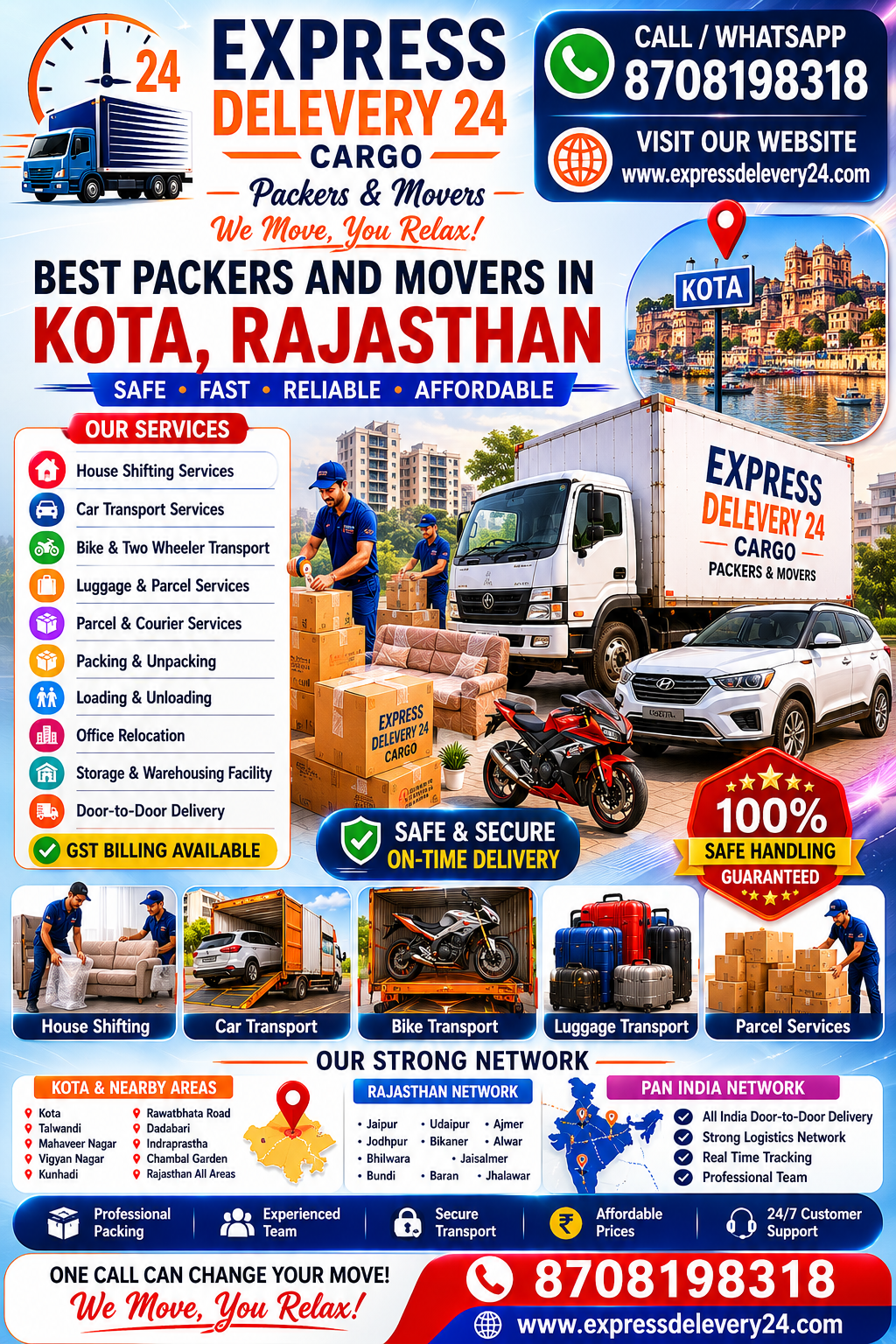 Packers and Movers in Kota, 8708198318 Rajasthan | House Shifting, Car Bike & Luggage Transport