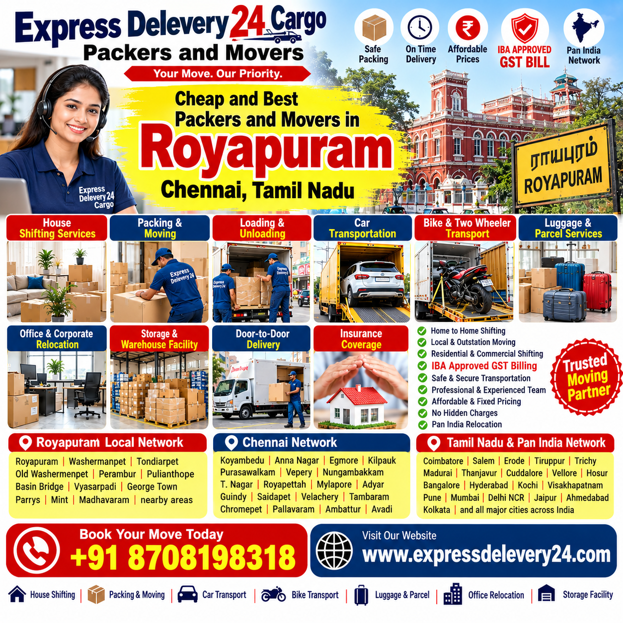 Packers and Movers in Royapuram, 8708198318 | House Shifting Services Near me - Express Delevery 24 Cargo