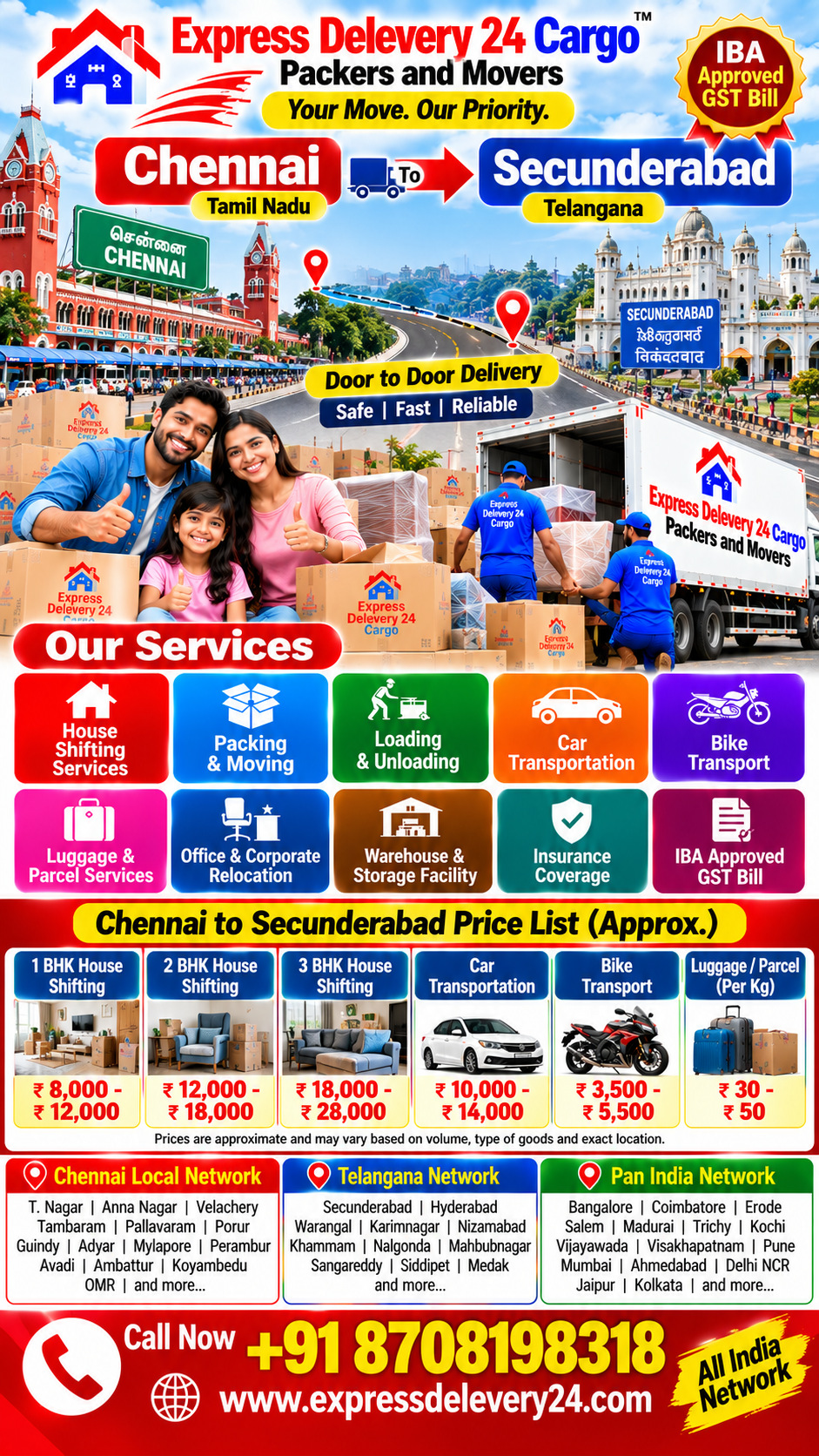 Chennai to Secunderabad Packers and Movers Price | House Shifting - Car Bike & Luggage Transport 